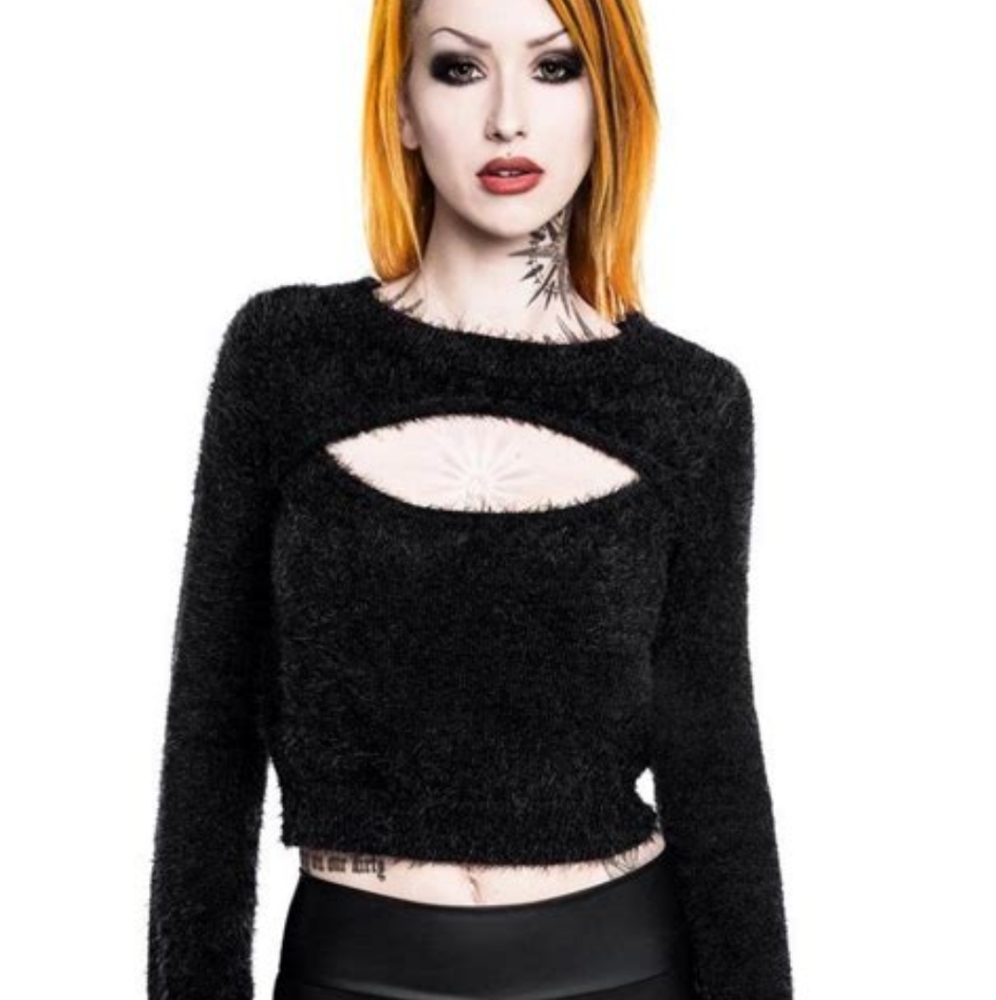 Killstar Black Out Fuzzy Cropped Cut Out Sweater